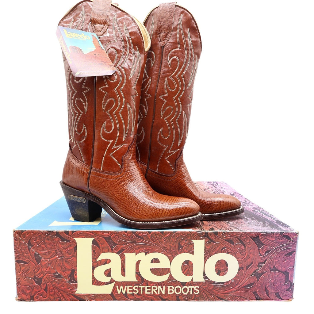 Laredo Vintage 90s Western Cowboy Boots Womens 6 B Brown Lizard Print NWT Box - take2supply