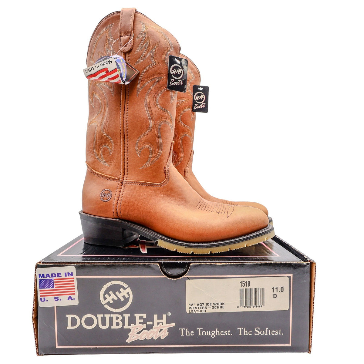Pair of ochre-brown Double-H western boots with decorative stitching displayed on a Double-H shoebox