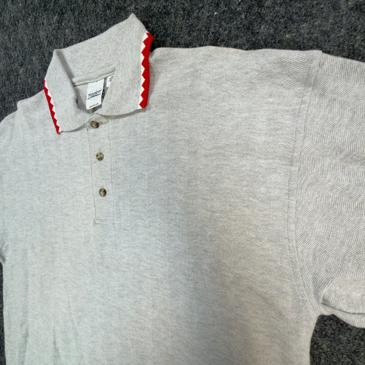 Vintage Cotton Deluxe Casuals Polo Shirt Mens L Gray Red Zig Zag Trim Y2K - take2supply