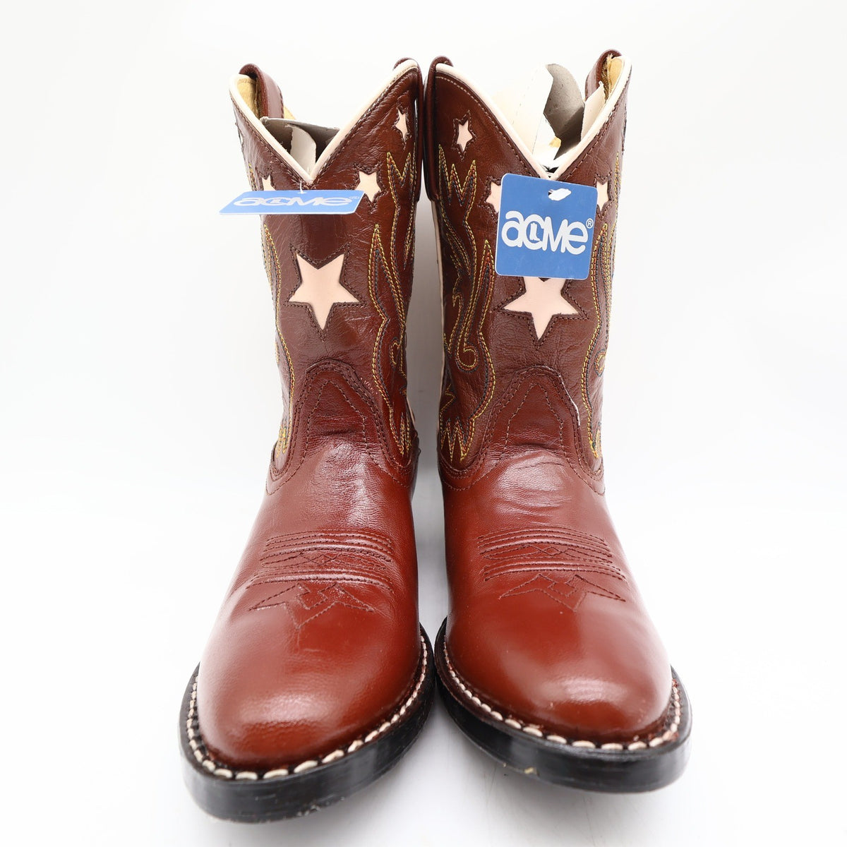 Acme Vintage Style Western Boots Kids 3 Brown Leather NWT AC146 Star Inlay - take2supply