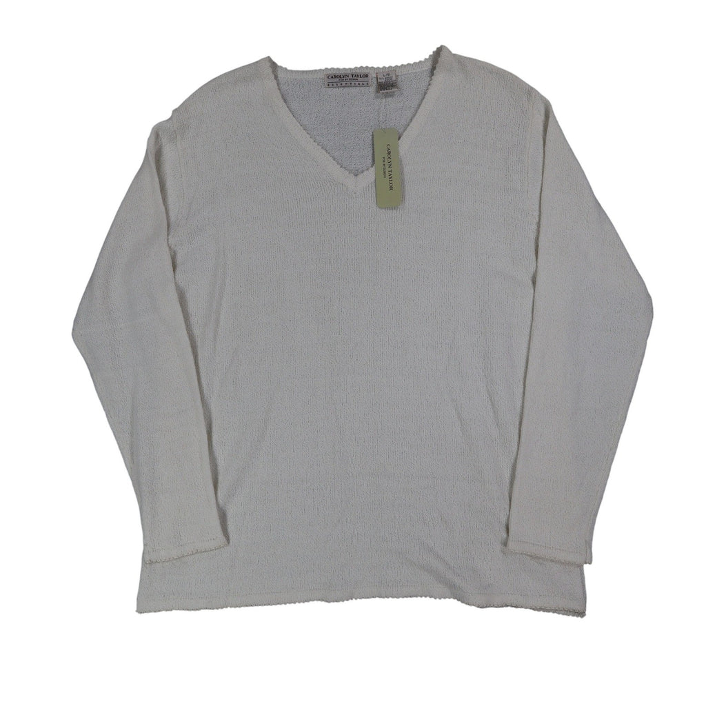 Carolyn Taylor Essentials Women Large White V-Neck Scallop Trim Knit Sweater NWT - take2supply