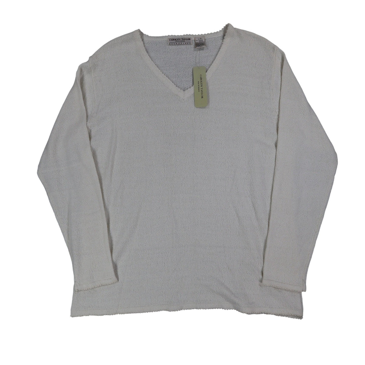 Carolyn Taylor Essentials Women Large White V-Neck Scallop Trim Knit Sweater NWT - take2supply