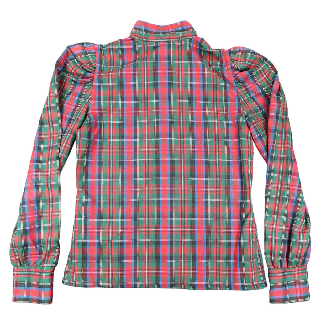 Fancy Free Plaid Blouse Womens 9 Vintage 80s Red Green Puff Shoulder Mock Neck - take2supply