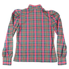 Fancy Free Plaid Blouse Womens 9 Vintage 80s Red Green Puff Shoulder Mock Neck - take2supply