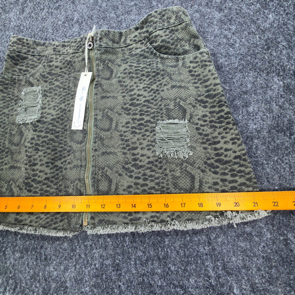 She + Sky Snake Print Mini Skirt Womens Large Olive Green Distressed New C714 - take2supply