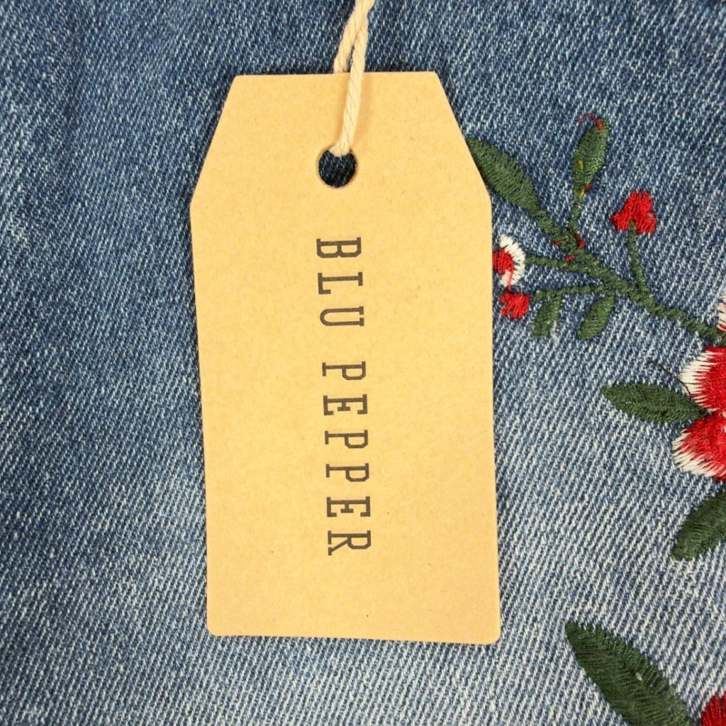 Blu Pepper Modern Floral Embroidered Denim Shorts Womens L Blue NWT BA6806 - take2supply