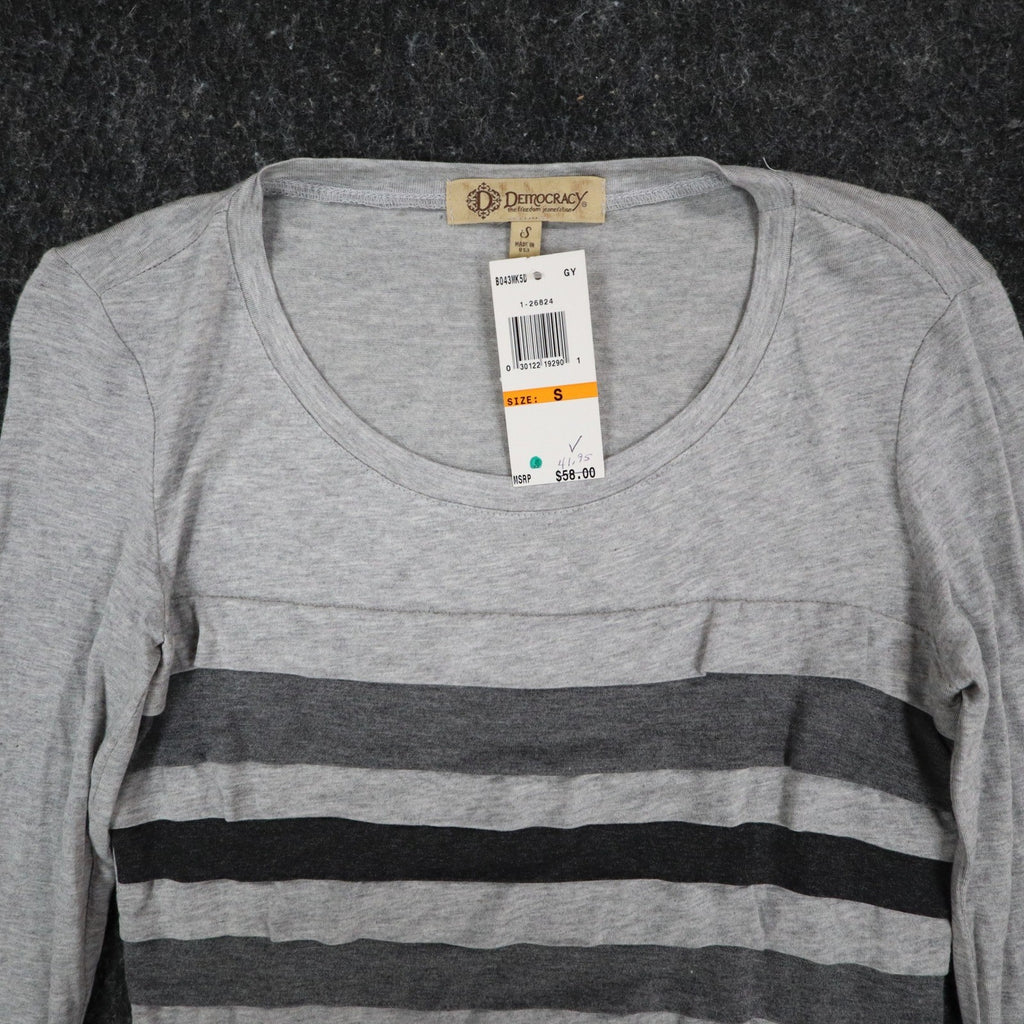 Democracy Top Womens Small Gray Striped Ruffle Front Long Sleeve Rayon Stretch - take2supply