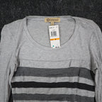 Democracy Top Womens Small Gray Striped Ruffle Front Long Sleeve Rayon Stretch - take2supply
