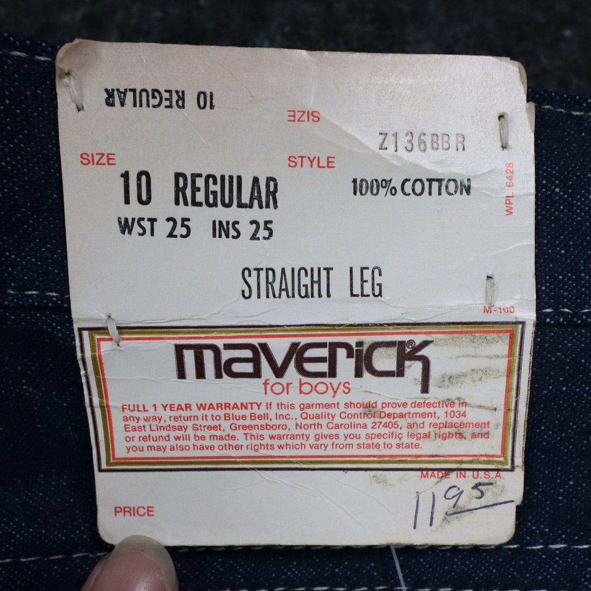 Maverick Straight Leg Jeans Boys 10 Regular Vintage 70s Deadstock Cotton USA - take2supply