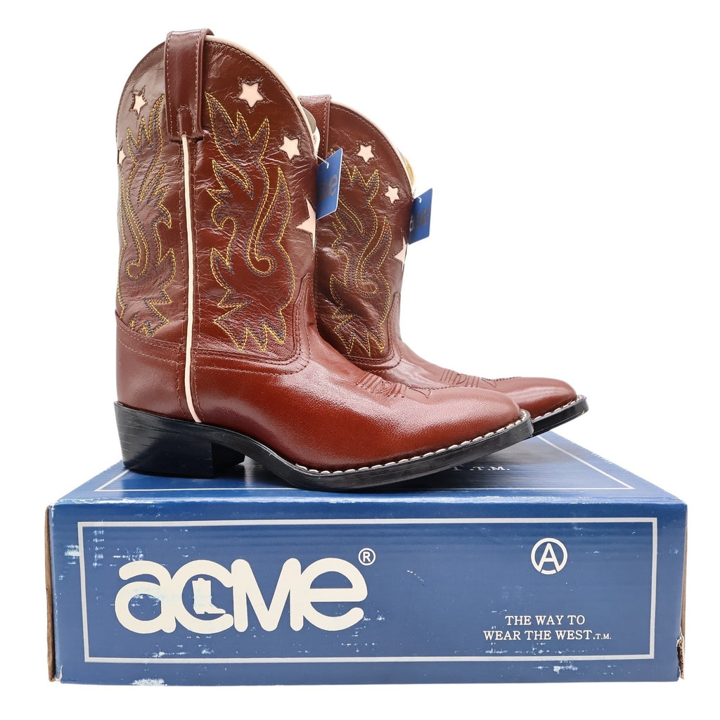 Acme Vintage Style Western Boots Kids 3 Brown Leather NWT AC146 Star Inlay - take2supply