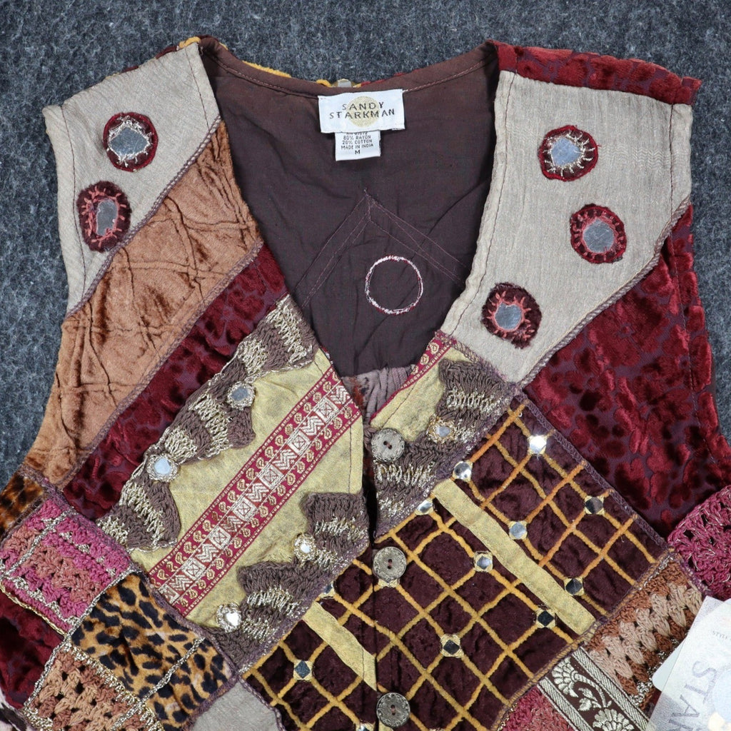 Sandy Starkman Patchwork Vest Womens M Vintage 90s Velvet Mirror Embellished New - take2supply