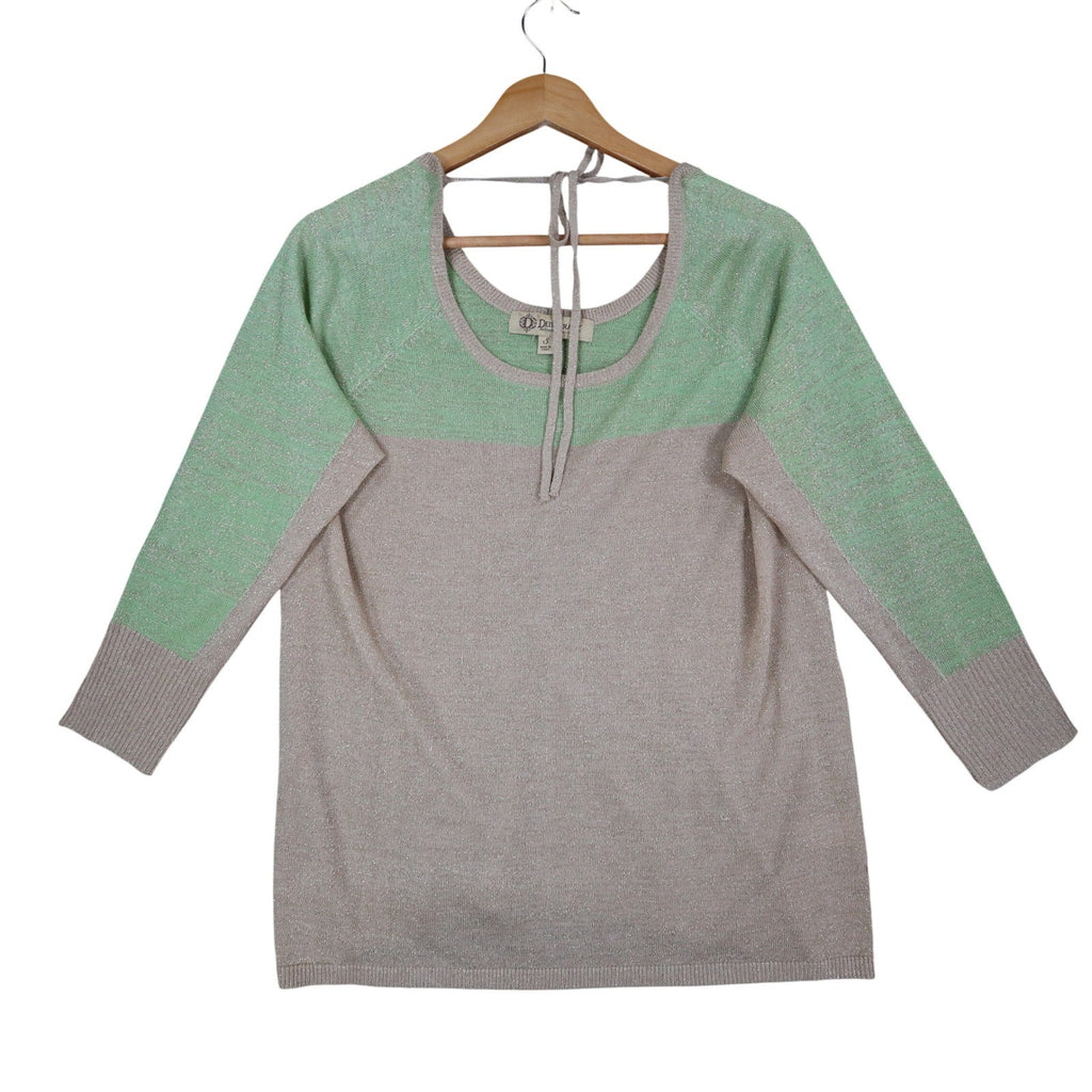 Dunner & Co Sweater Womens S Green Tan Metallic Lurex Colorblock Back Tie Top - take2supply