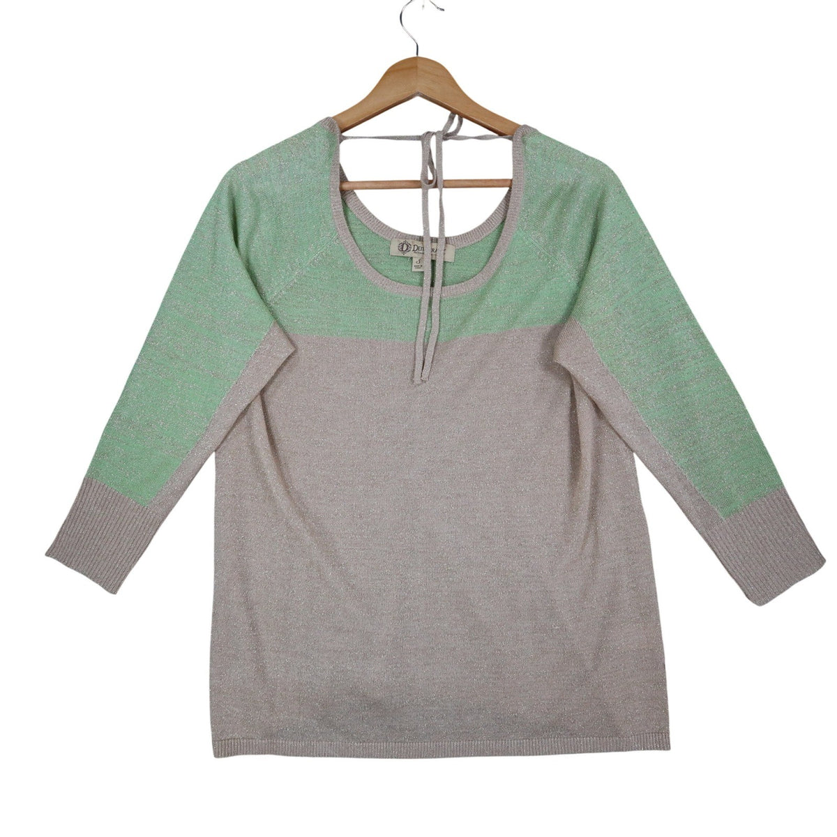 Dunner & Co Sweater Womens S Green Tan Metallic Lurex Colorblock Back Tie Top - take2supply