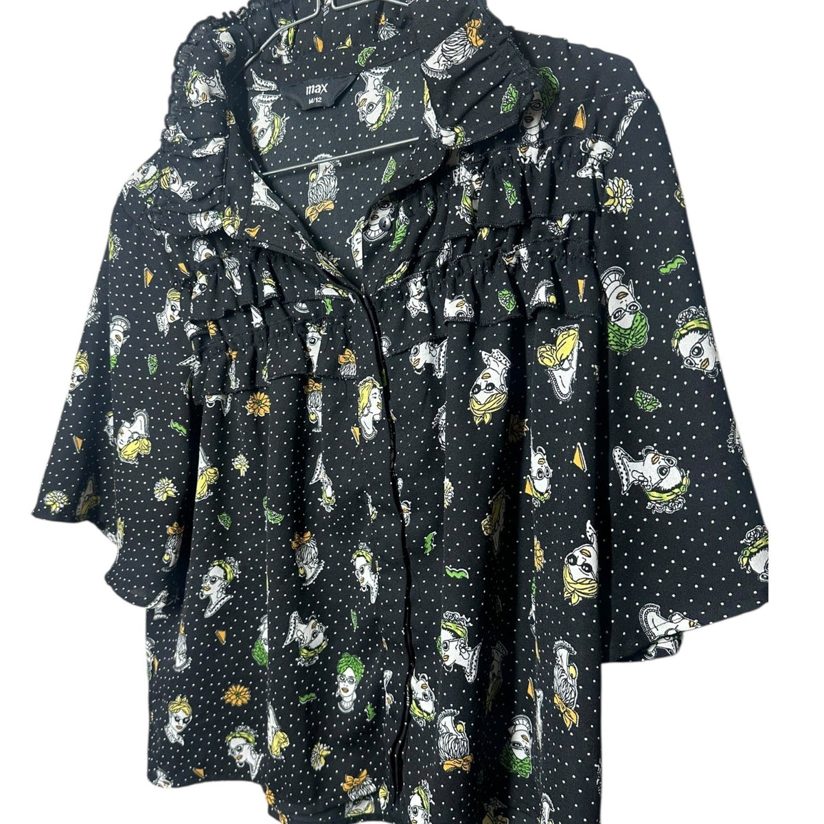 Max Women's Women's Black Artistic Face Print Ruffle Blouse Size M/12 - take2supply