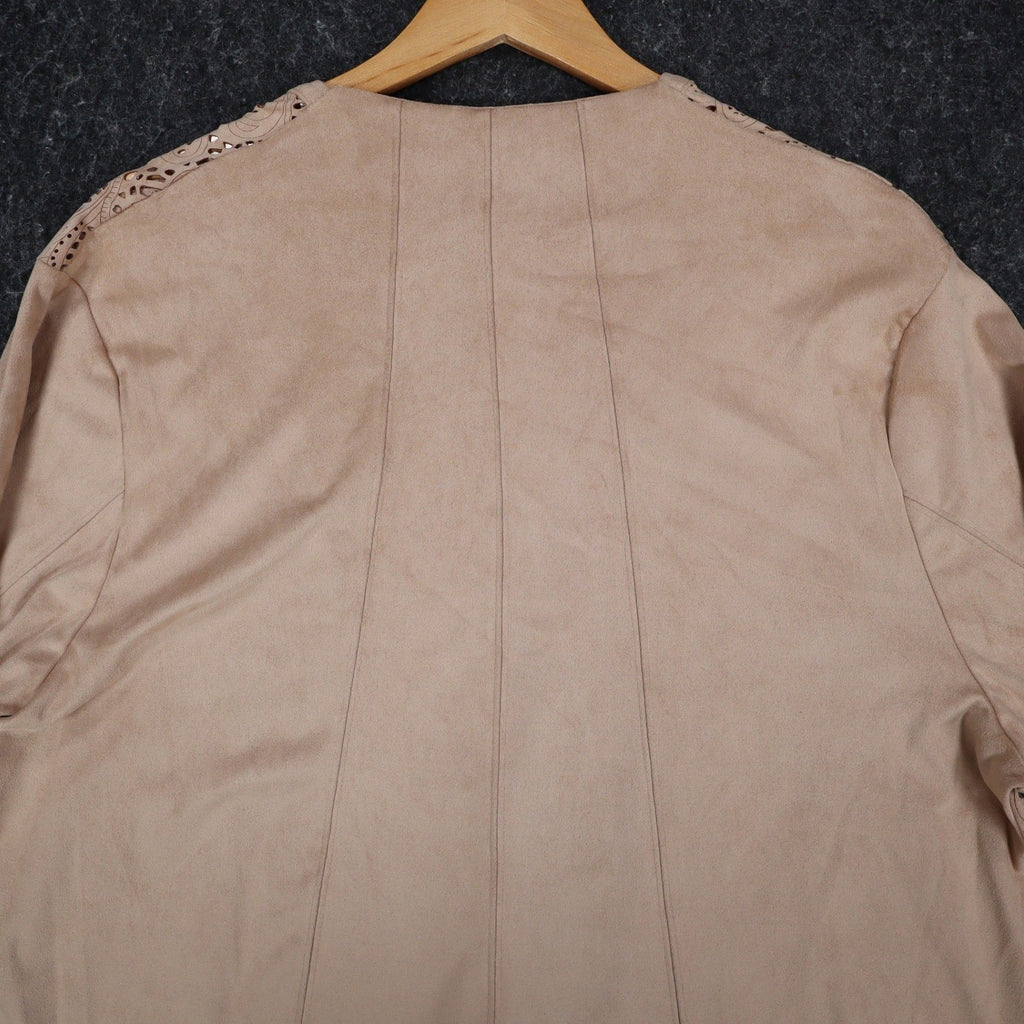Erin London Open Front Jacket Womens Large Tan Faux Suede Laser Cut Eyelet NEW - take2supply