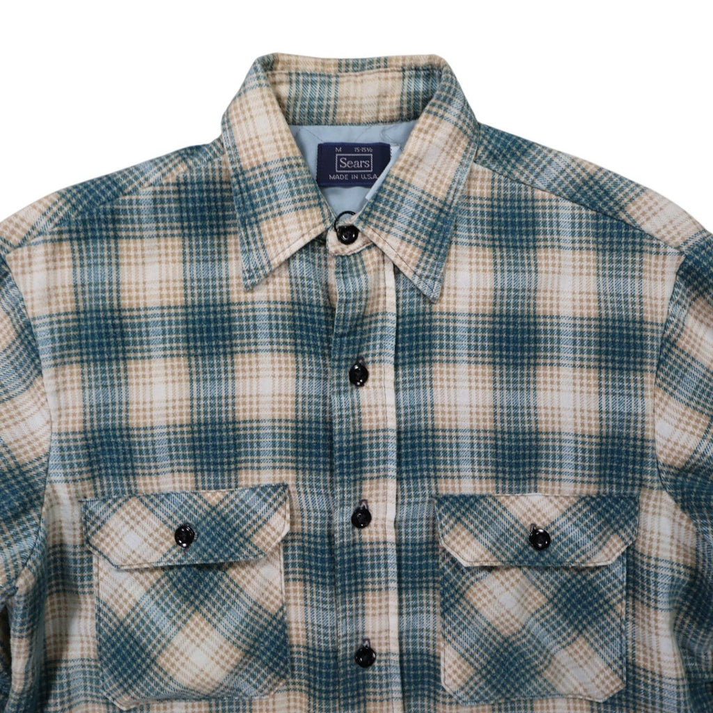 Sears Quilted Flannel Shirt Jacket Mens Medium Blue Plaid Excellent Vintage - take2supply