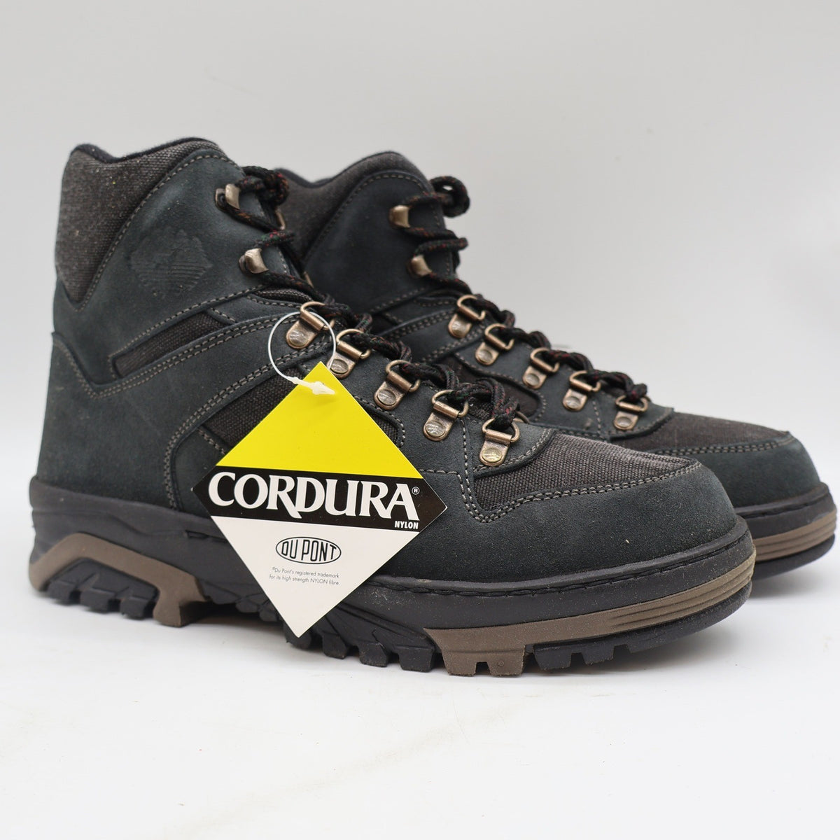 Gray Lake of the Woods hiking boots with Cordura panels, angled pair with Cordura hangtag