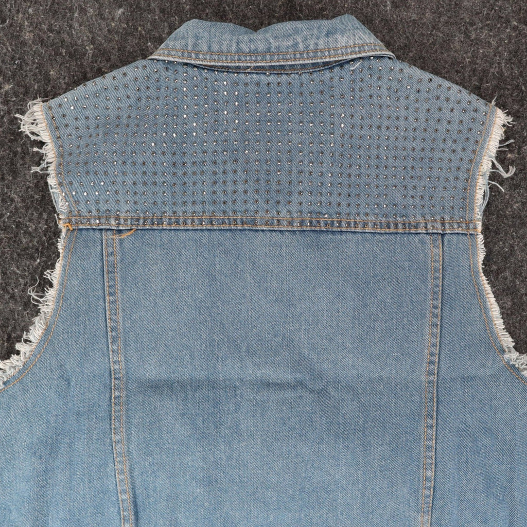 Vocal Denim Vest Womens XL Blue Cotton Studded Rhinestone Frayed Raw Edge Vest - take2supply