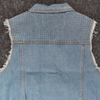 Vocal Denim Vest Womens XL Blue Cotton Studded Rhinestone Frayed Raw Edge Vest - take2supply