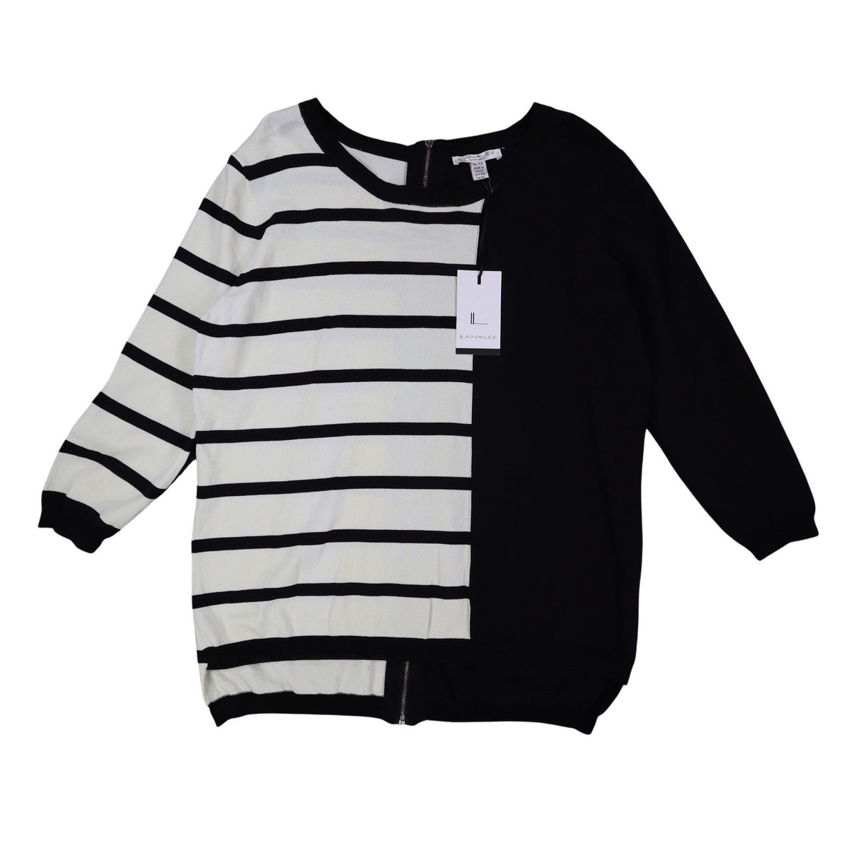 Lanalee Sweater Womens XL/1X Black White Striped Colorblock Back Zip Cotton Knit - take2supply