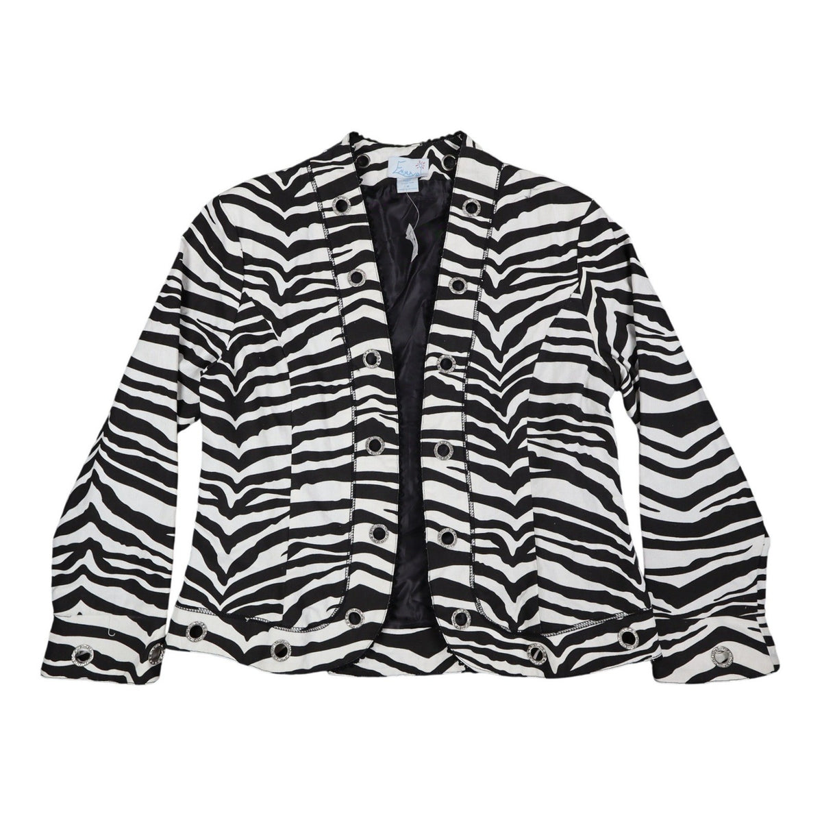 Emma J Zebra Print Jacket Womens M Y2K Black White Cotton Grommet Eyelet Trim - take2supply