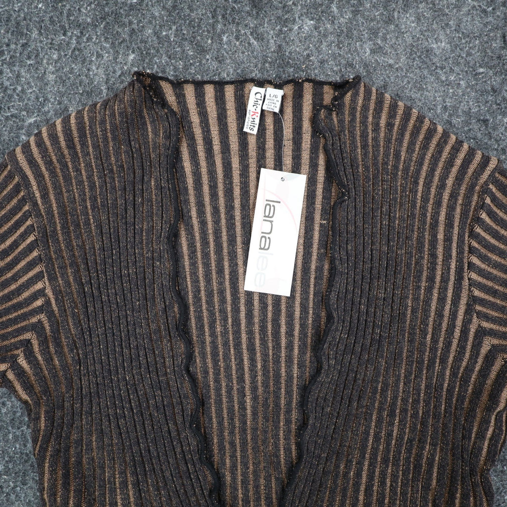 Chic Knits Lanalee Cardigan Large Y2K Taupe Striped Buckle Lettuce Edge NEW - take2supply