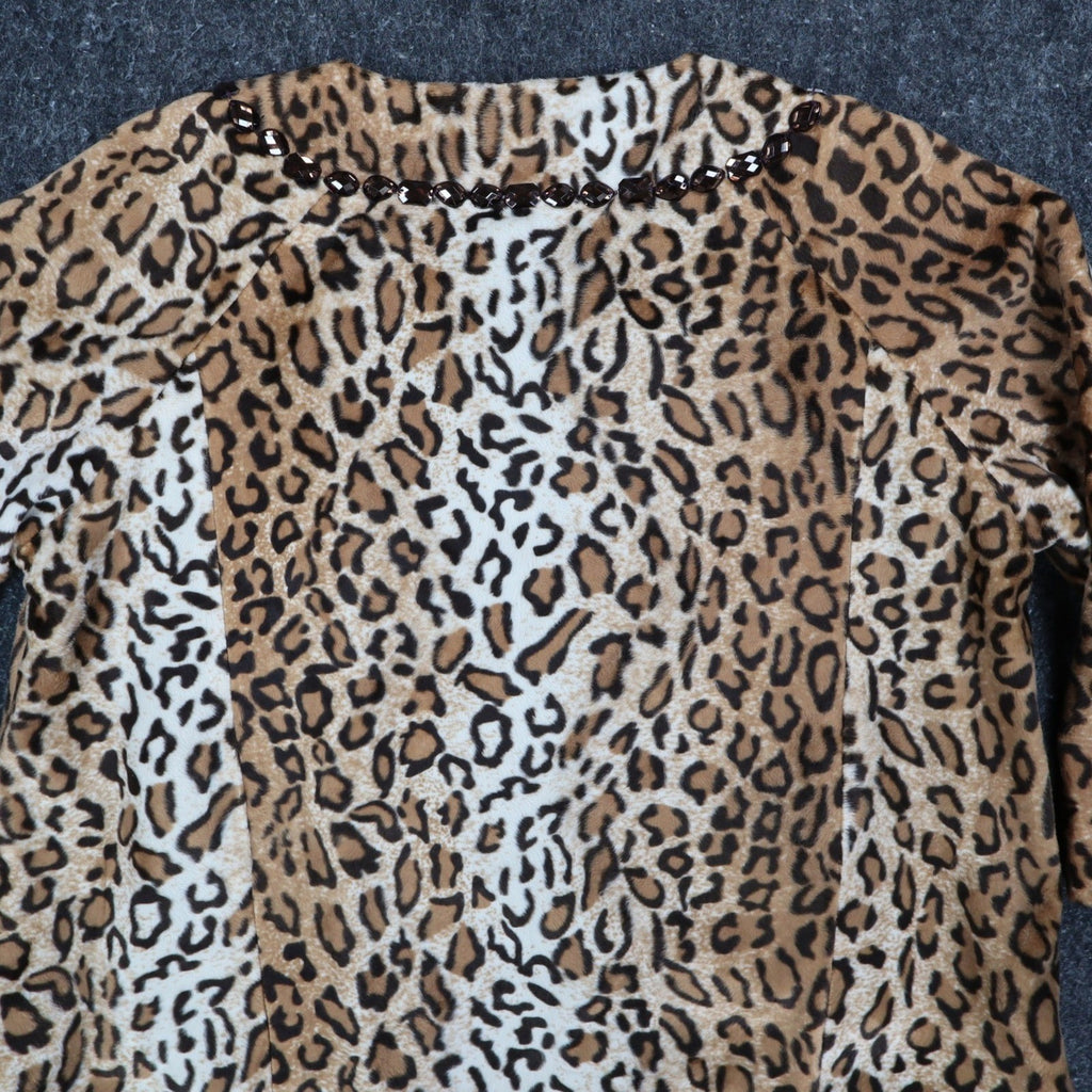 Emma J Faux Fur Jacket Womens Size M Leopard Print Beaded Neck Open Front Brown - take2supply