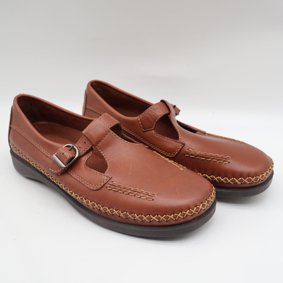 Dexter T-Strap Loafers Womens 8 Vintage Cognac Leather Faith Comfort Classics - take2supply