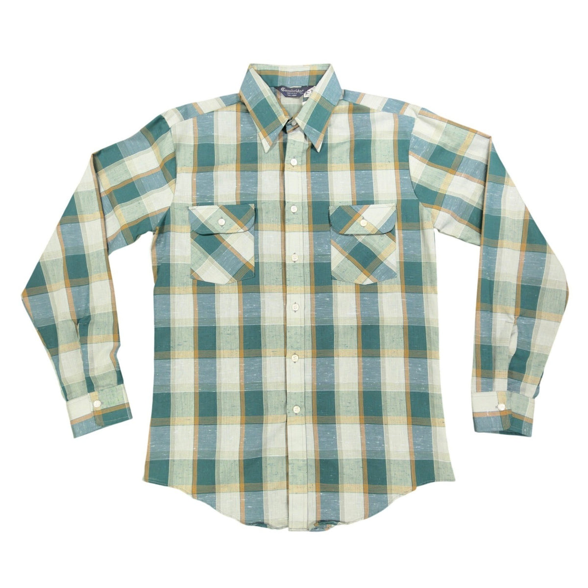 Green and cream Cambridge plaid shirt, full front view