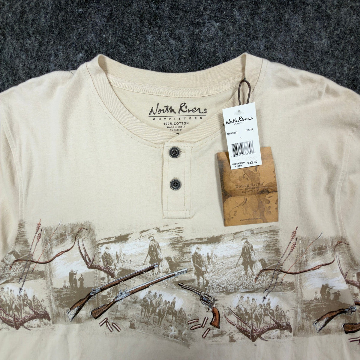 North River Henley Shirt Mens L Oyster Cotton Graphic Hunting Rifle NWT - take2supply