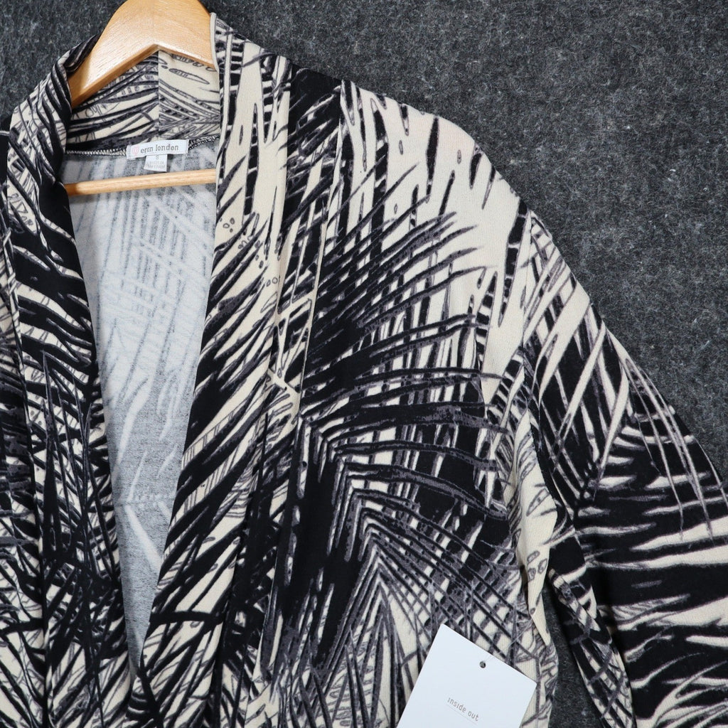 Erin London Cardigan Small Black Cream Palm Leaf Ruched Sleeve Open Front NWT - take2supply
