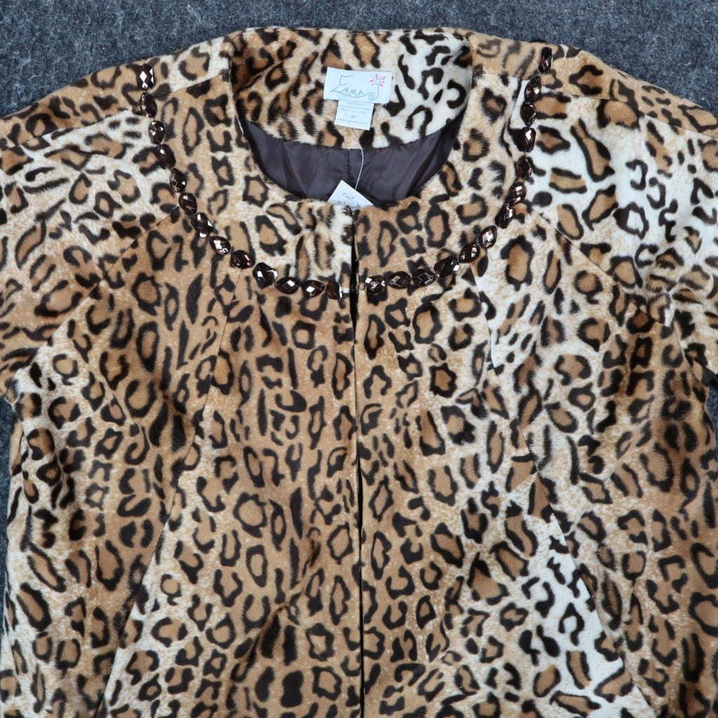 Emma J Faux Fur Jacket Womens Size M Leopard Print Beaded Neck Open Front Brown - take2supply