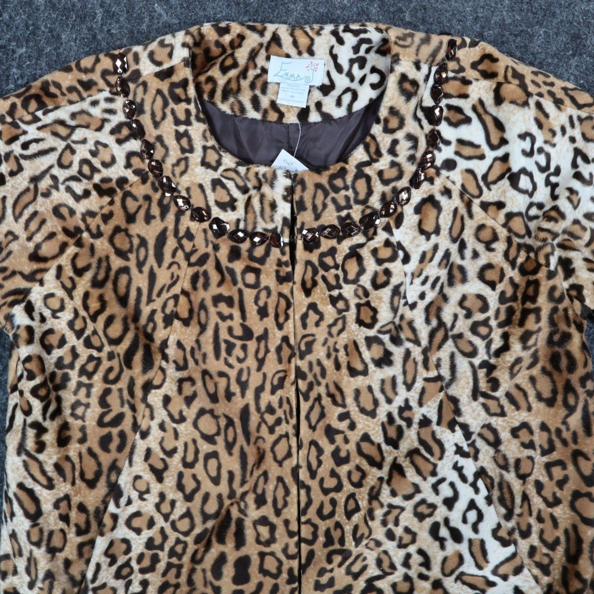 Emma J Faux Fur Jacket Womens Size M Leopard Print Beaded Neck Open Front Brown - take2supply