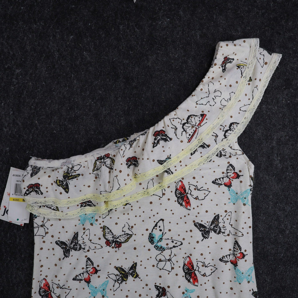 Jolt One Shoulder Top Womens Medium NWT Butterfly Print Ruffle Lace Trim Cream - take2supply