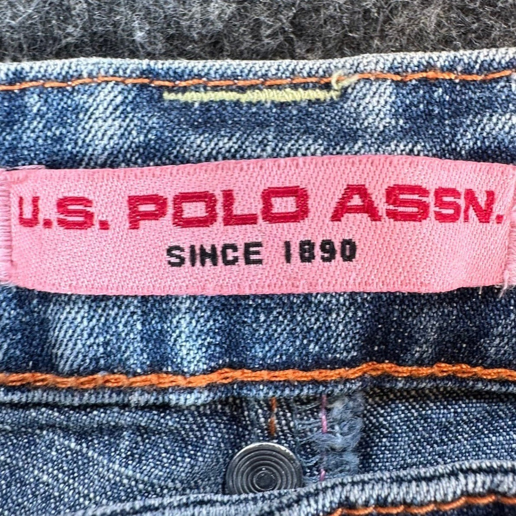 US Polo Assn Y2K Flare Jeans Girls 8 Blue Denim Stretch Belted NWT - take2supply