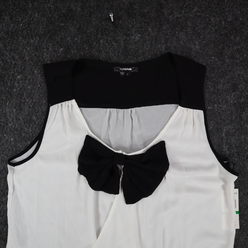 mymichelle Sleeveless Blouse Large White Black Bow Chiffon Faux Wrap Top - take2supply