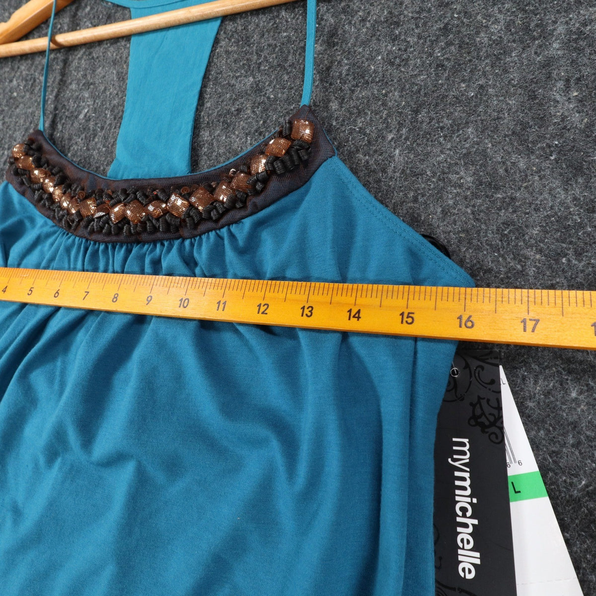Mymichelle Tank Top Large Teal Blue Beaded Neckline Racerback Banded Hem NWT - take2supply