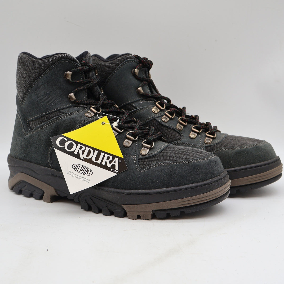 Gray Lake of the Woods hiking boots with Cordura panels, angled pair with Cordura hangtag