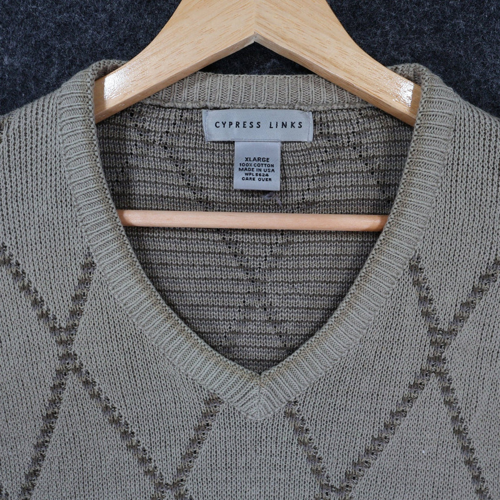 Cypress Links Sweater Vest Mens XL Tan Cotton Argyle Golf Knit Sleeveless V-Neck - take2supply
