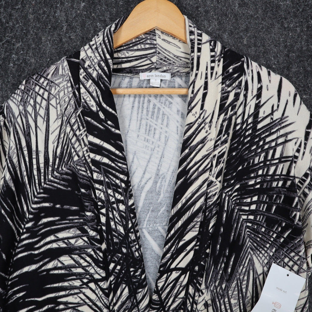 Erin London Cardigan Small Black Cream Palm Leaf Ruched Sleeve Open Front NWT - take2supply