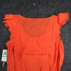 XOXO Blouse Womens L Orange Rayon Crochet Lace Ruffle Cap Sleeve Smocked Top NEW - take2supply