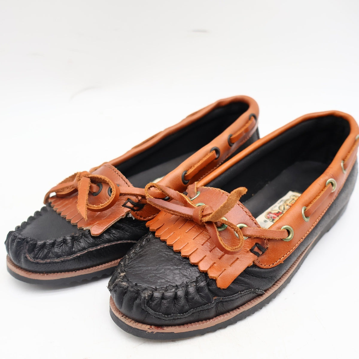 Red Camel Kamper Moccasin Loafers Kids 12.5 Vintage Black Tan Leather Kiltie - take2supply