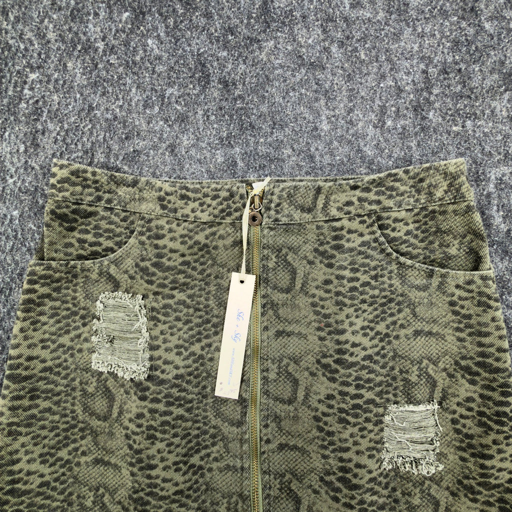 She + Sky Snake Print Mini Skirt Womens Large Olive Green Distressed New C714 - take2supply