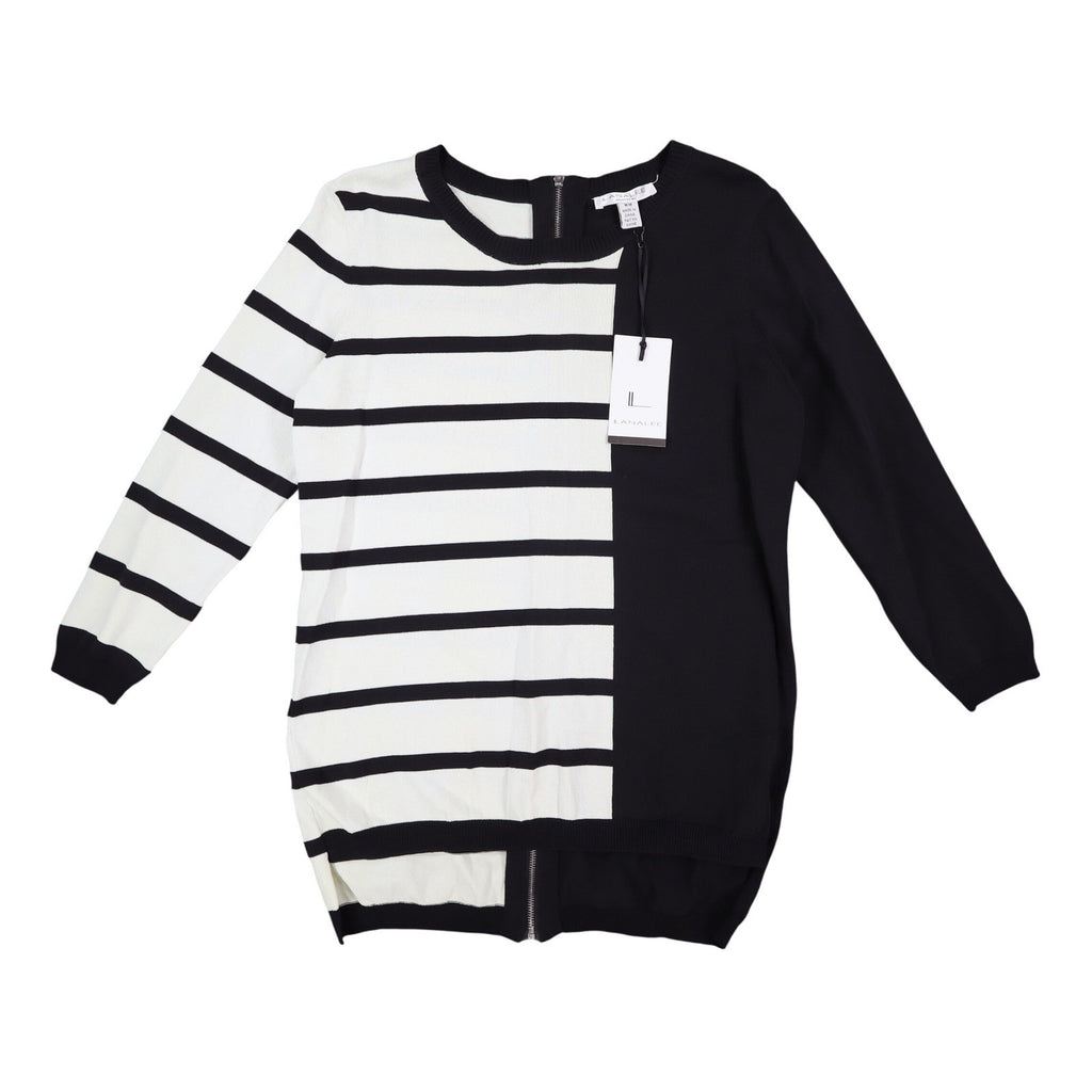Lana Lee Sweater Womens M/L Black White Striped Colorblock Back Zip Knit Top - take2supply
