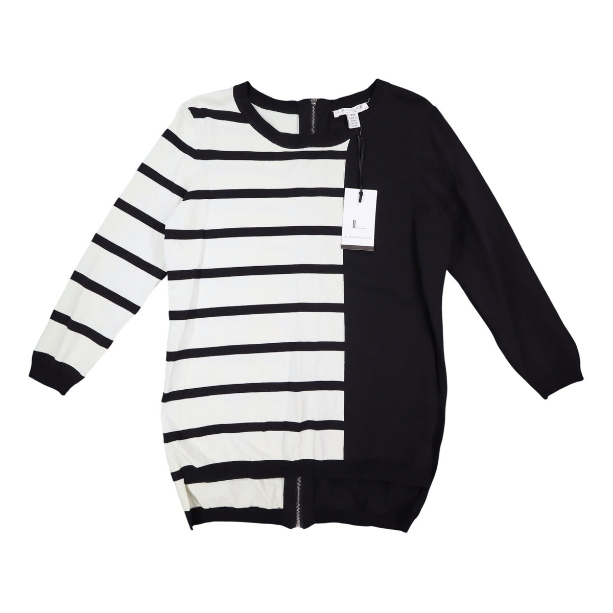Lana Lee Sweater Womens M/L Black White Striped Colorblock Back Zip Knit Top - take2supply
