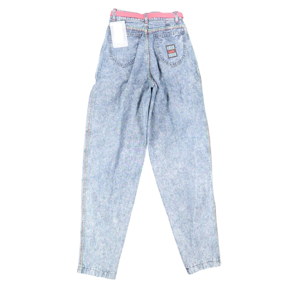 Back view of blue acid-wash Lee jeans with a red belt and multicolor stitching