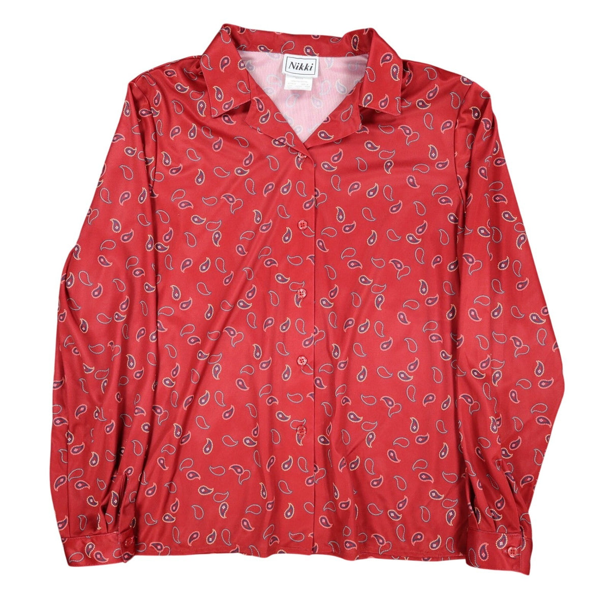 Nikki Blouse Womens 14 Vintage 90s Rust Red Paisley Polyester Button Up Shirt - take2supply
