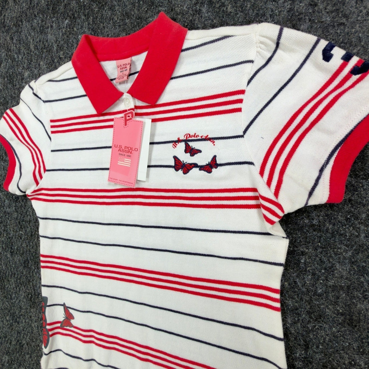 U.S. Polo Assn. Y2K Butterfly Stripe Polo Shirt Girls L White NWT C410 - take2supply