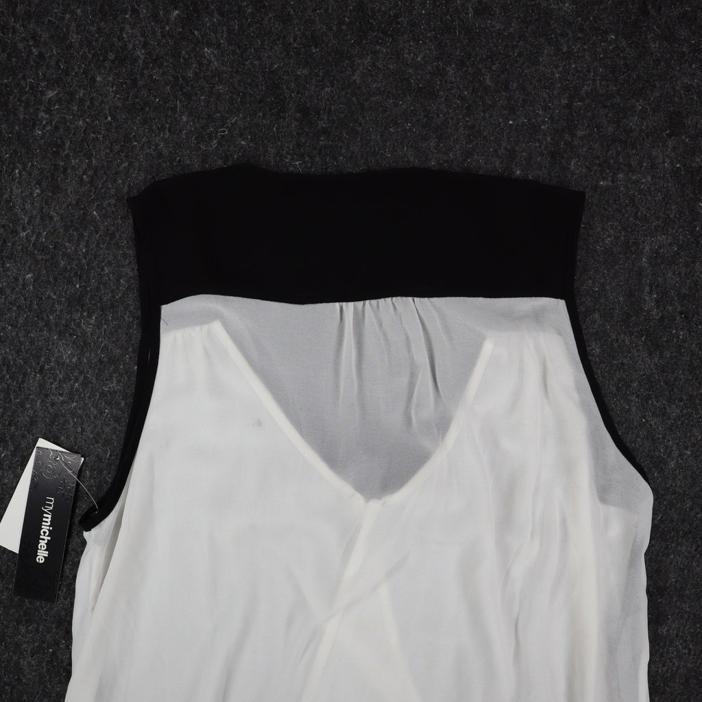 mymichelle Sleeveless Blouse Large White Black Bow Chiffon Faux Wrap Top - take2supply