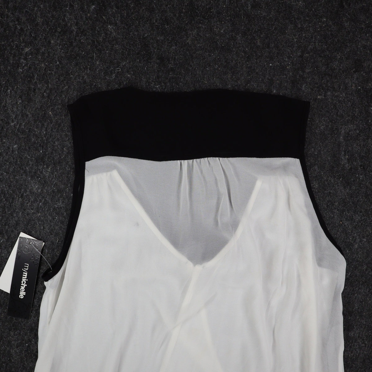 mymichelle Sleeveless Blouse Large White Black Bow Chiffon Faux Wrap Top - take2supply